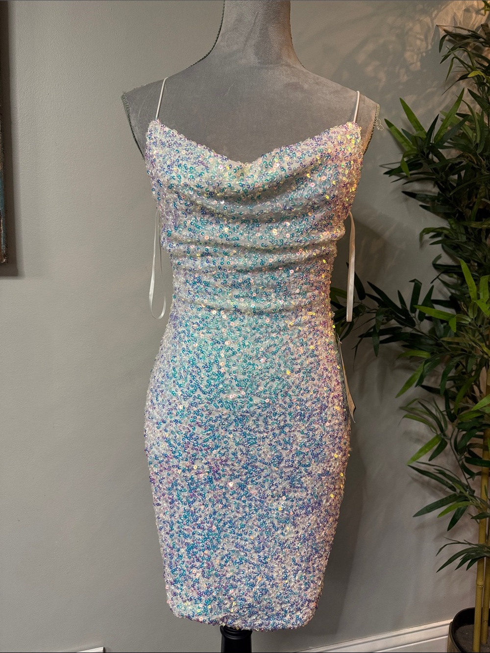 B Darlin Iridescent Sequin Cowl Neck Mini Dress - White/Pastel